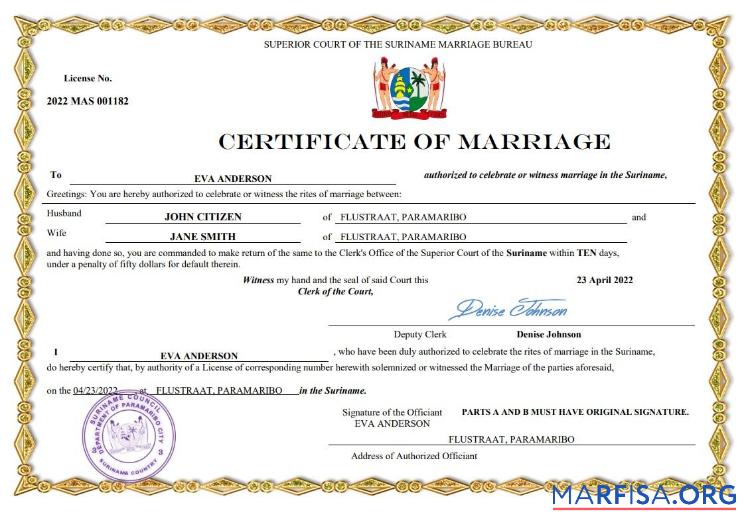 Downloadable Suriname marriage certificate Word and PDF template